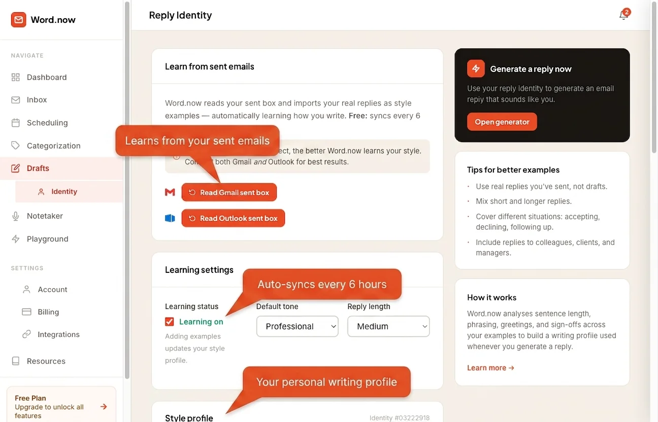 Replai reply identity dashboard showing AI-learned email writing style