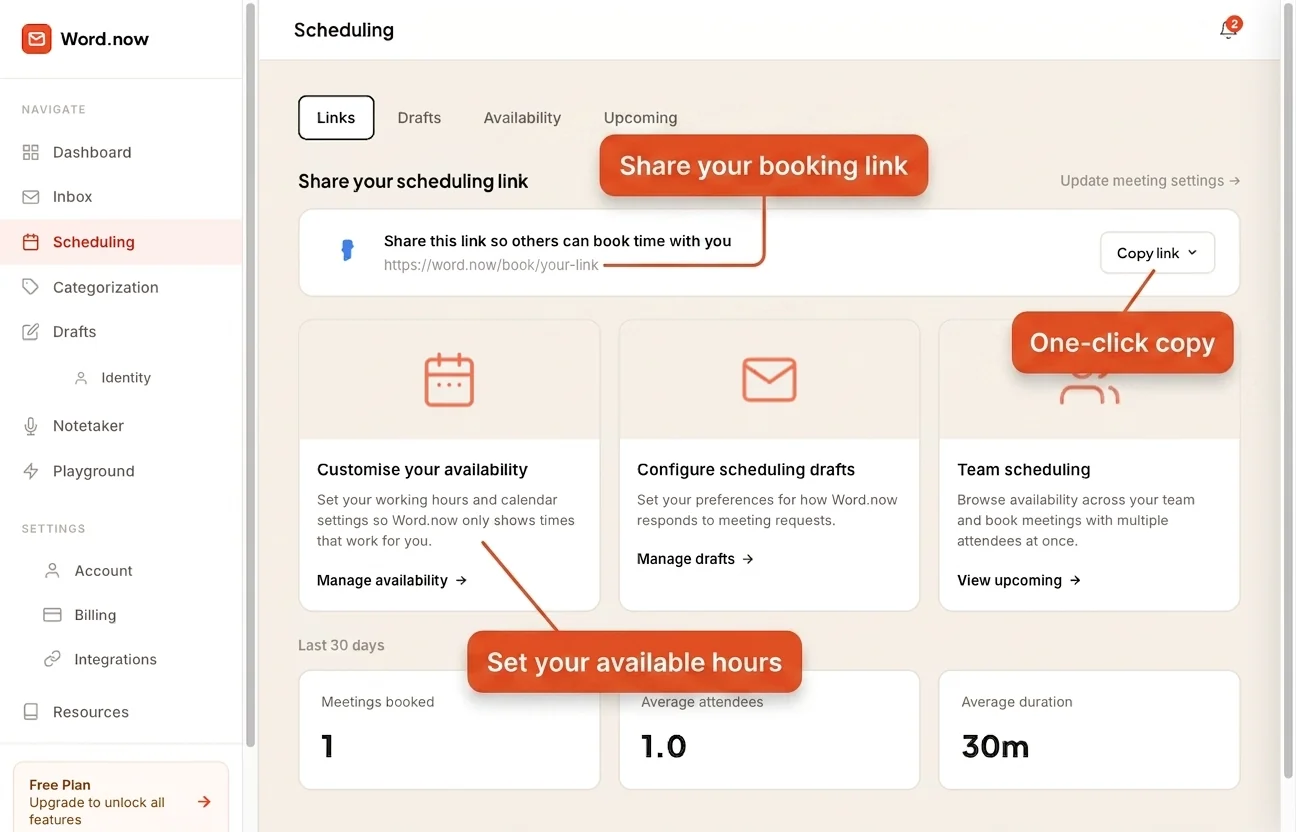 Replai scheduling dashboard showing a booking link, weekly availability grid, and calendar sync status