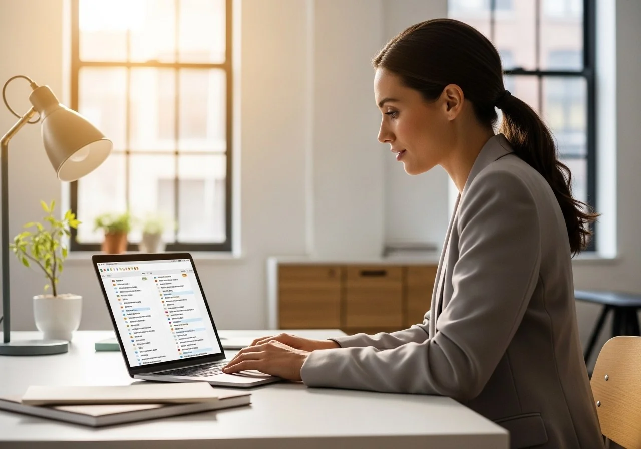 Professional at a clean organized desk reviewing emails on a laptop