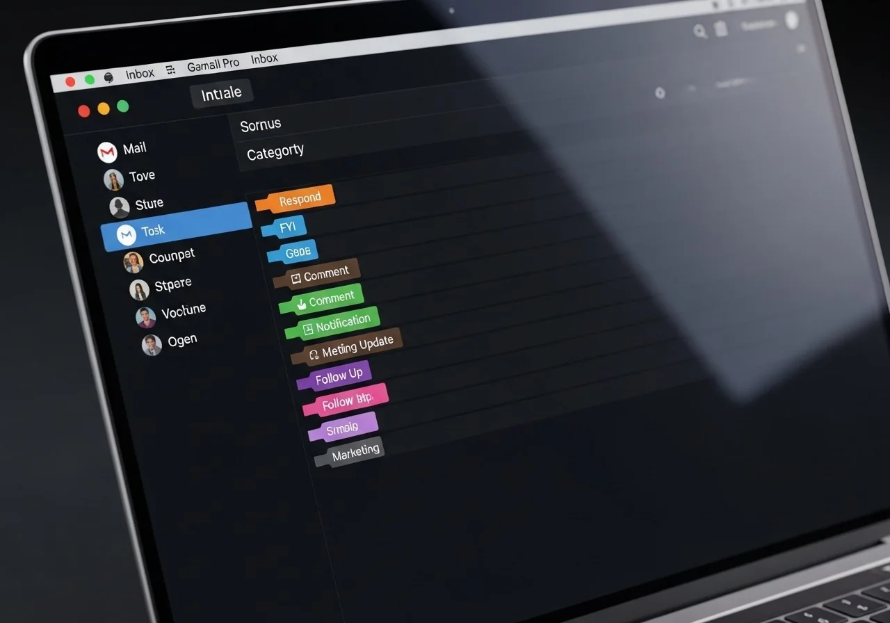 MacBook Pro screen showing Gmail inbox with Replai color-coded category labels
