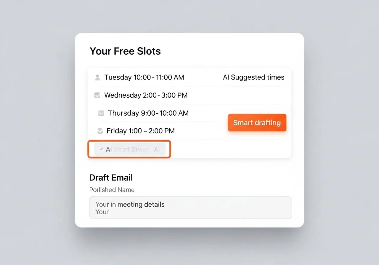 AI scheduling assistant interface showing available time slots and a draft email ready to send