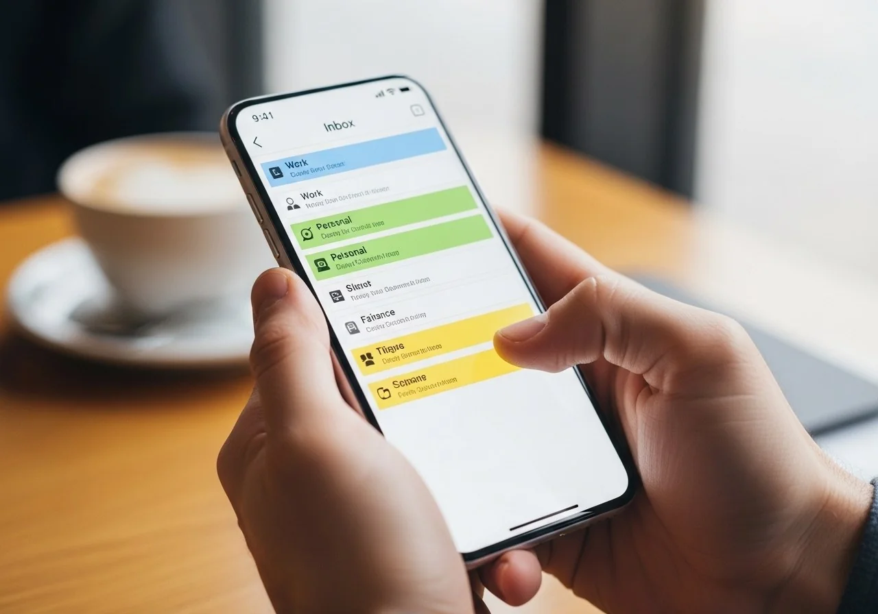 Organized email inbox on smartphone, sorted into priority categories by Replai