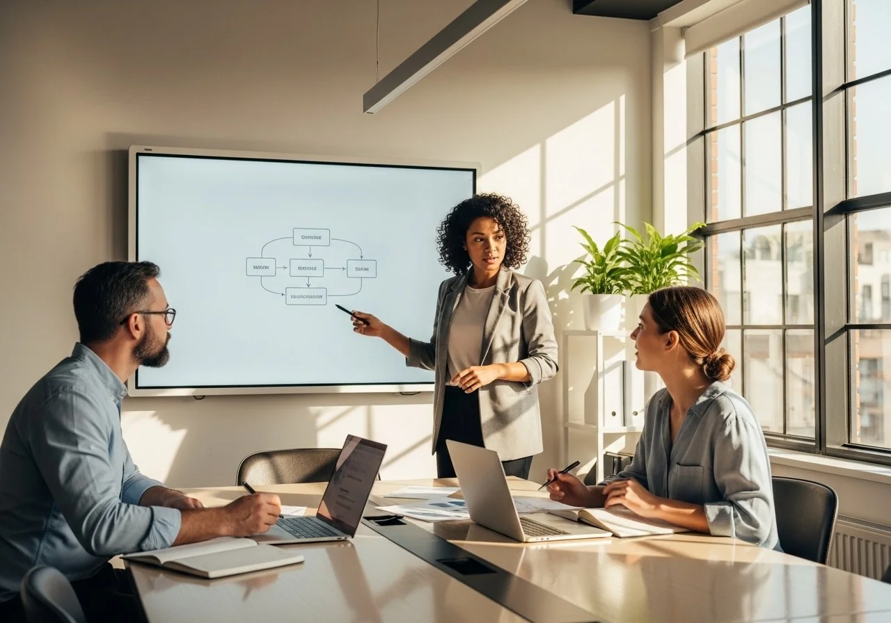 Team collaborating in a meeting room, Replai generates the notes automatically